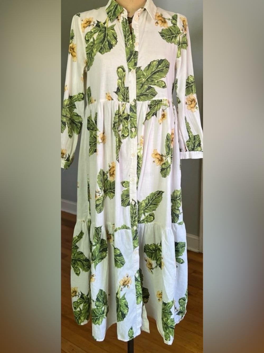 Zara Buttonfront Green Yellow Floral Shirt Midi Dress XS